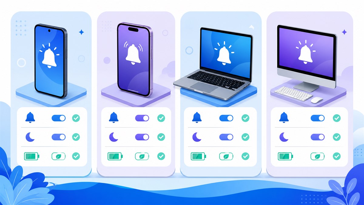 嗨信在Android、iOS、Windows和macOS上的通知设置与免打扰检查示意图