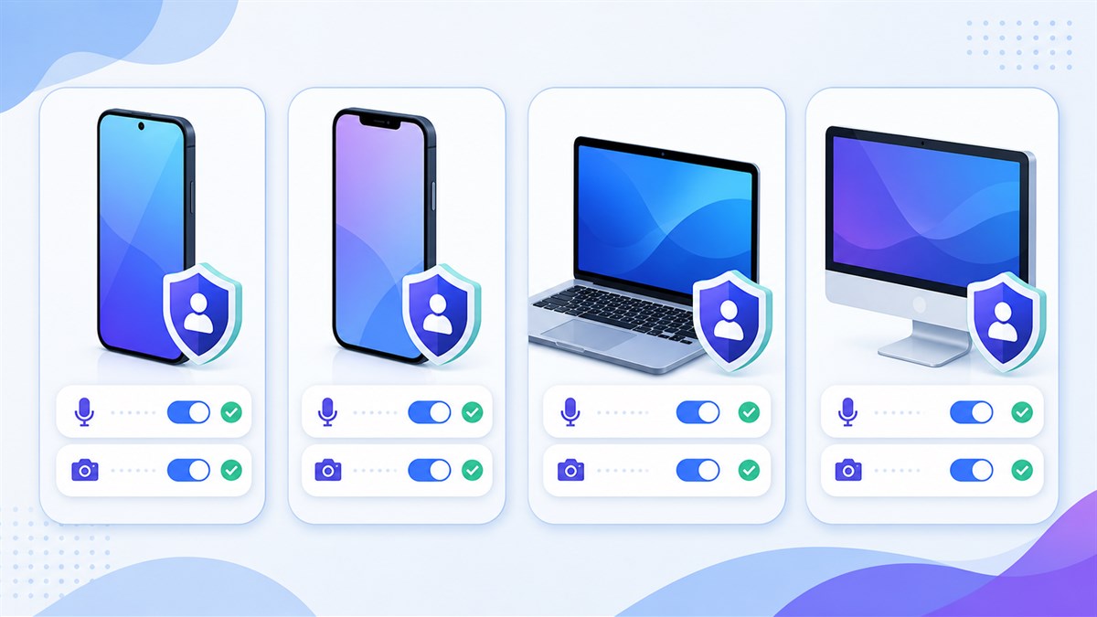 嗨信在Android、iOS、Windows和macOS上的麦克风摄像头权限对照示意图