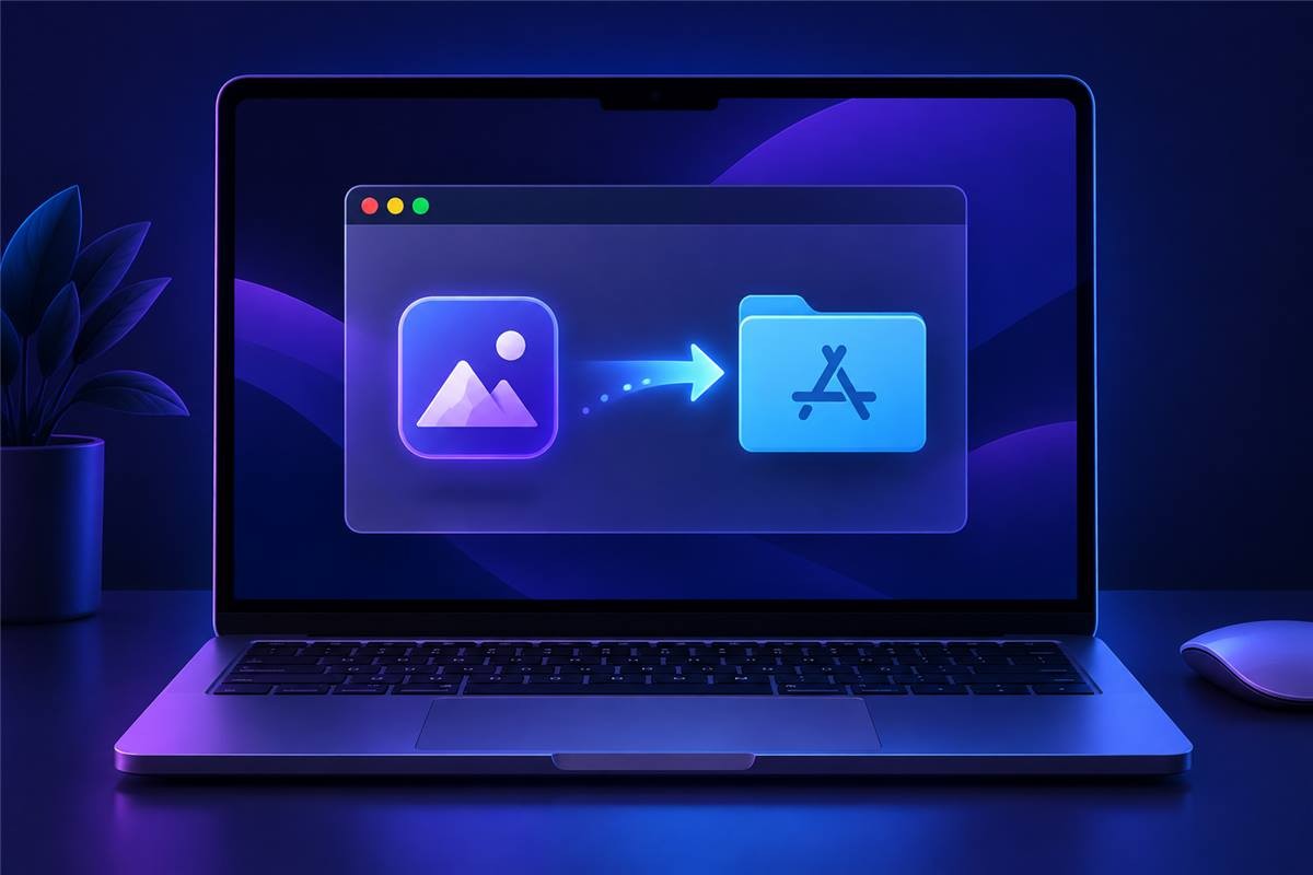 Mac 打开 DMG 并按安装窗口指引拷贝应用的示意图