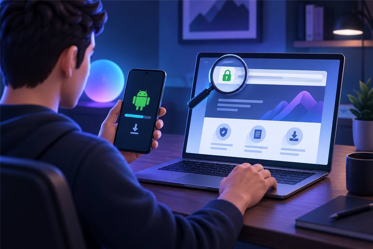 Android 手机上核对嗨信官网域名和下载入口的示意图