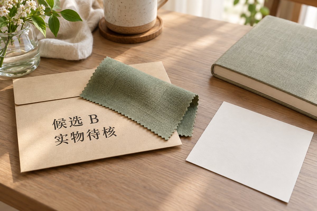 布带样片放在写有候选B和实物待核的信封上