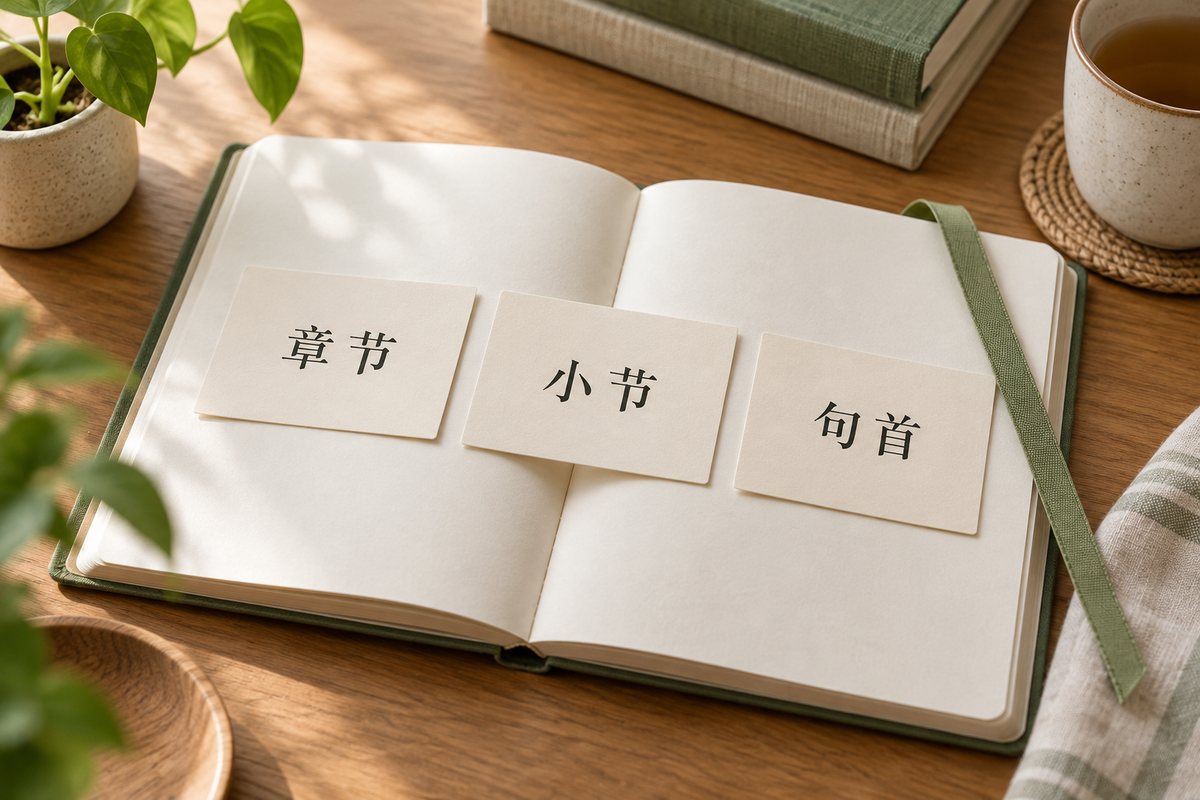 章节小节句首三张定位卡放在笔记本上