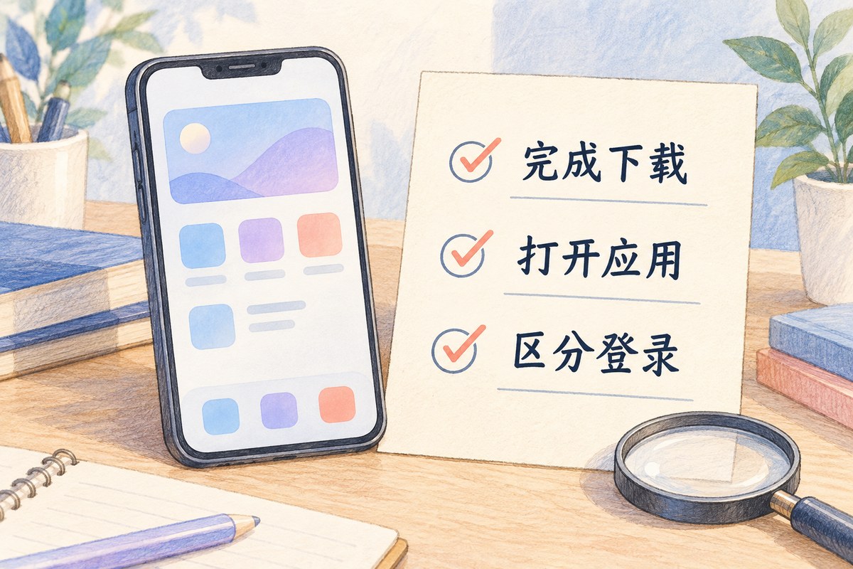 完成下载、打开应用和区分登录三个检查项目